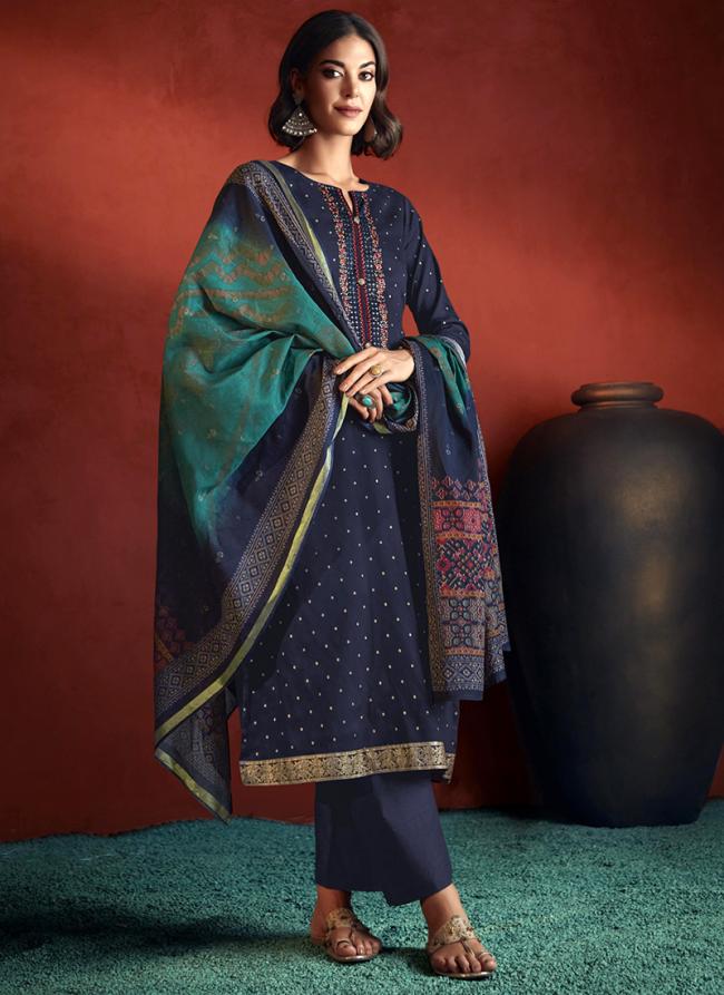 Pure Viscose Satin Navy Blue Traditional Wear Embroidery Work Straight Suit